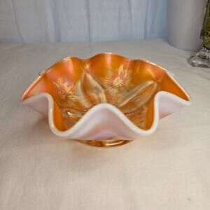 Glass Antique Dugan Carnival Glass "Four Flowers" Peach Opalescent Ruffled Bowl